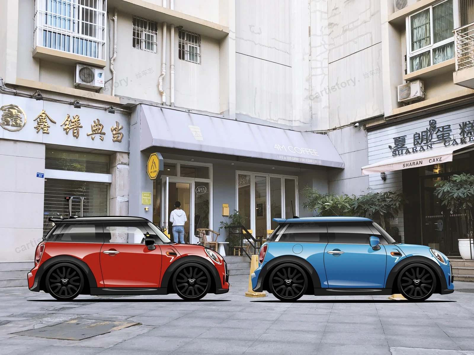 4M 店铺前两辆 MINI 的汽车文化场景作品