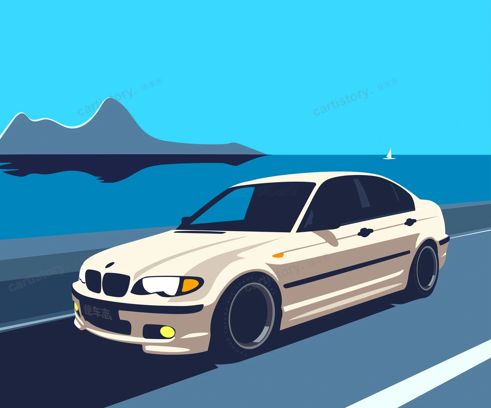 米白色 BMW E46 海岸公路插画