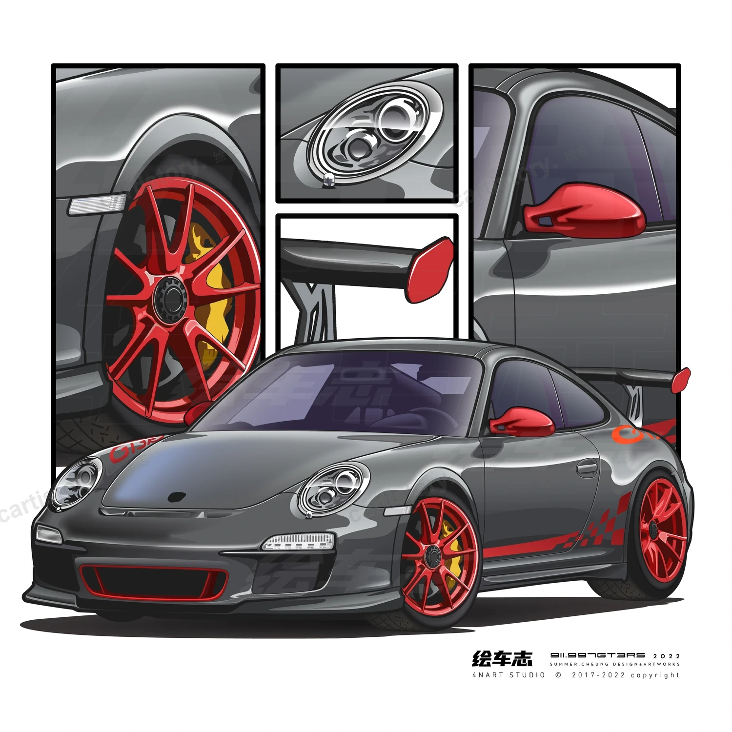 Porsche 997 GT3 RS 插画与轮毂、车灯、后视镜细节